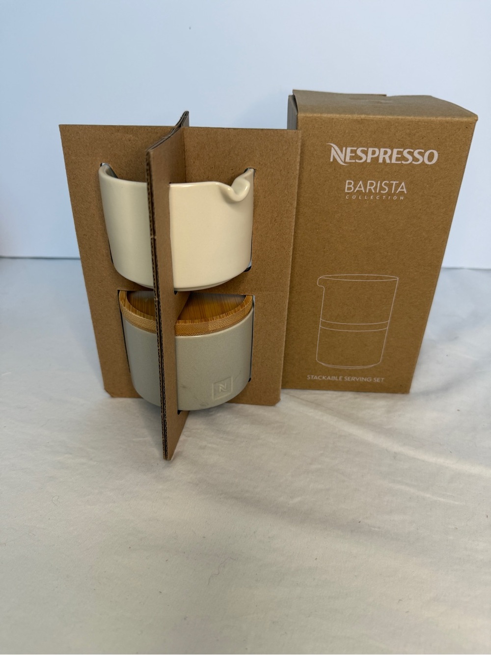 Nespresso Barista Stackable Serving Set - Cream and Light Gray with Bamboo Lid
